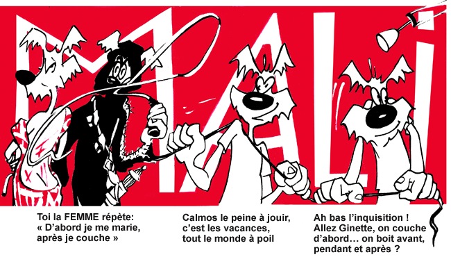 Toi la FEMME répète : « D'abord je me marie, après je couche »[br]Calmos le peine à jouir, c'est les vacances, tout le monde à poil[br]Ah bas l'inquisition ! Allez Ginette, on couche d'abord… on boit avant, pendant et après ?